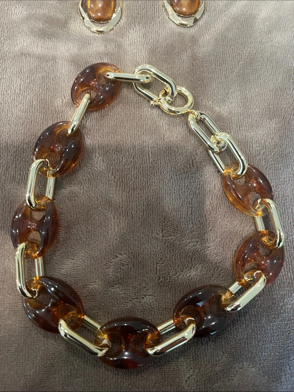 Gold-Tone Link Necklace with Amber Resin Links - Women Jewelry earrings and neck